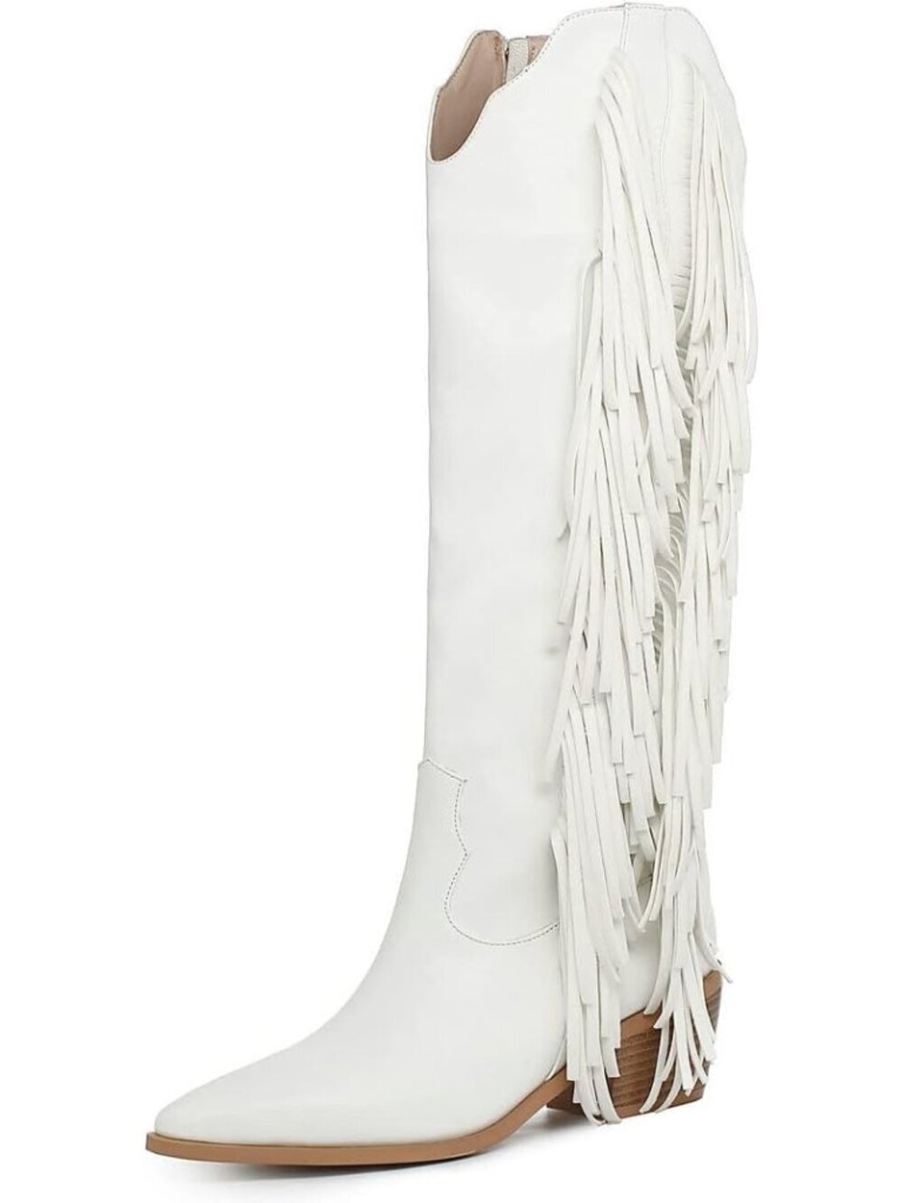 Women's White Cowgirl Fringe Boots White Tassels Knee High Pointed Toe Boots